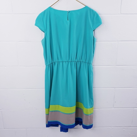 Pleated Turquoise Lime Green Colorblock Dress with Belt RK Originals Size 14 - Picture 3 of 11